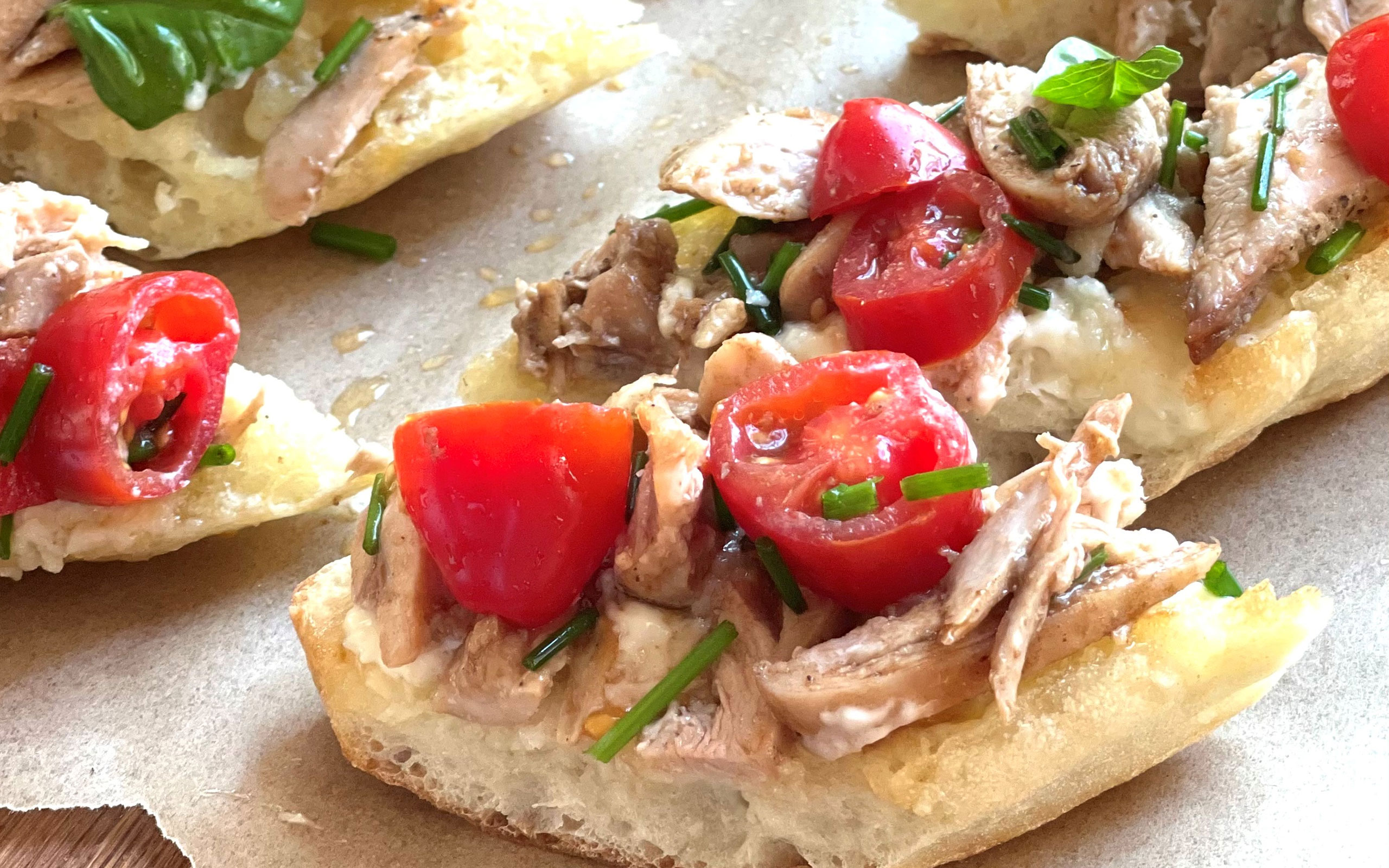 Bruschetta with Chicken, Parmesan Aioli and Tomato Salsa - Granny's Bruschetta with Chicken, Parmesan Aioli and Tomato Salsa - Granny's